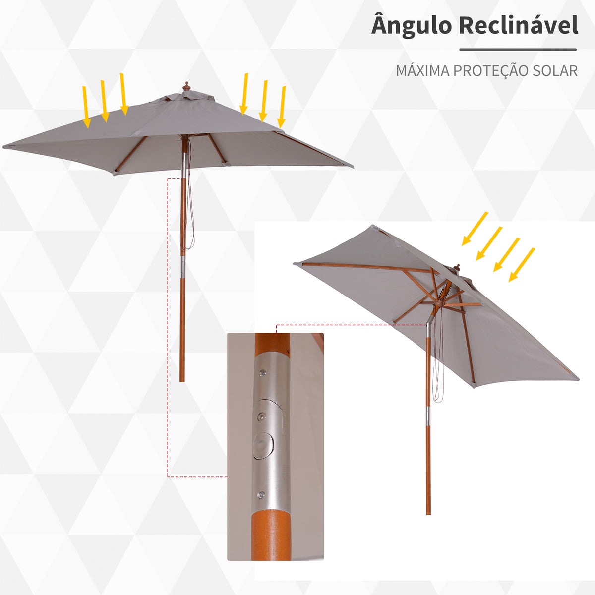 Chapéu de Sol de Jardim 200x150x235cm Chapéu de Sol Retangular Inclinável com Polia Duplo Teto e Mastro Desmontável de Madeira para Terraço Pátio Cinza — foto 4