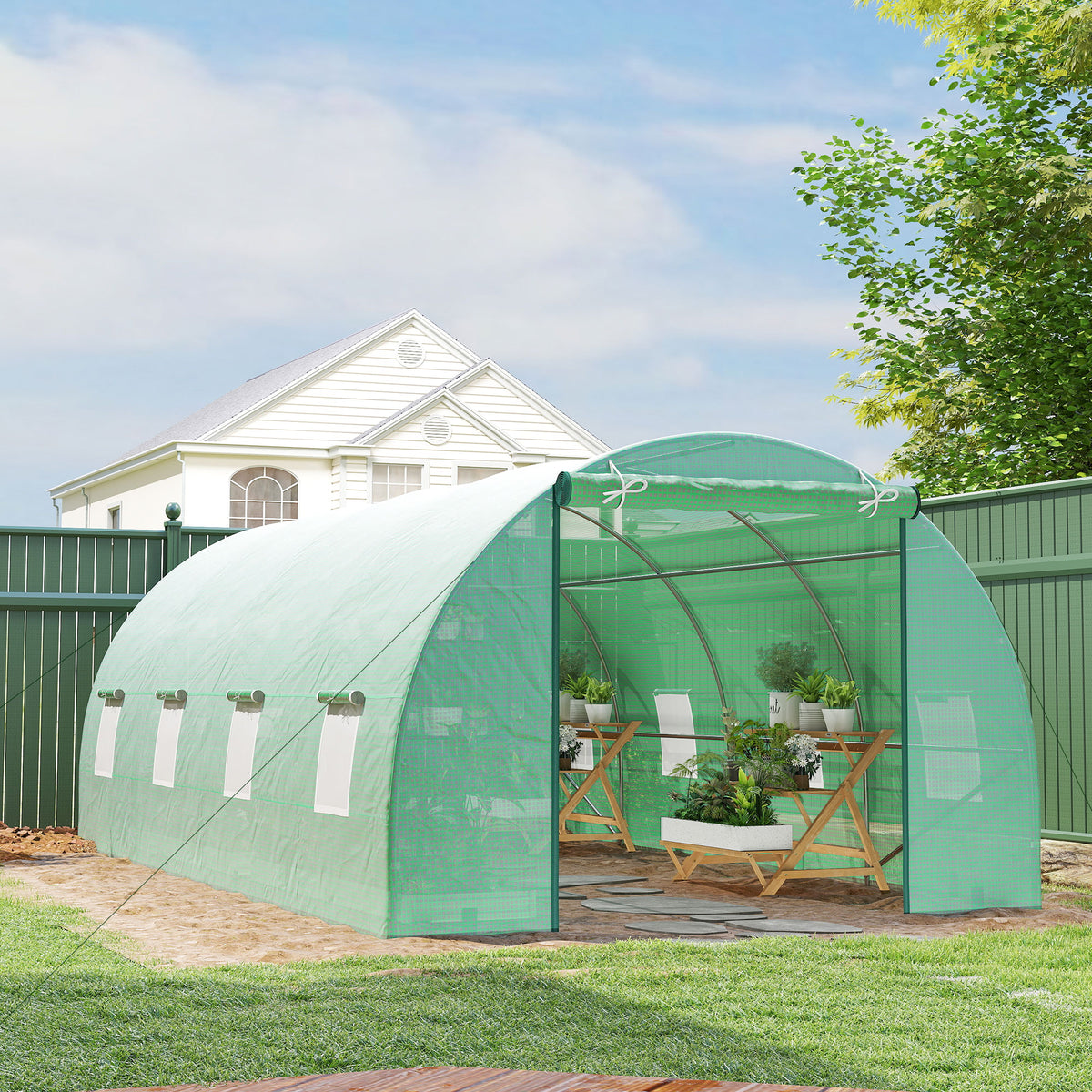 Estufa Tipo Túnel 600x300x200cm com Porta Enrolável 8 Janelas Cobertura de PE 140g/m² e Tubo de Aço para Cultivos de Plantas Verduras Verde — foto 2