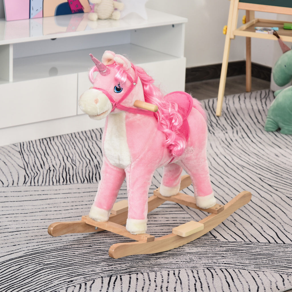 Cavalo de balanço para bebê acima de 36 meses com forma de unicórnio Agradável com sons engraçados de música Almofada macia Apoio para os pés 74x33x62 cm Rosa — foto 2