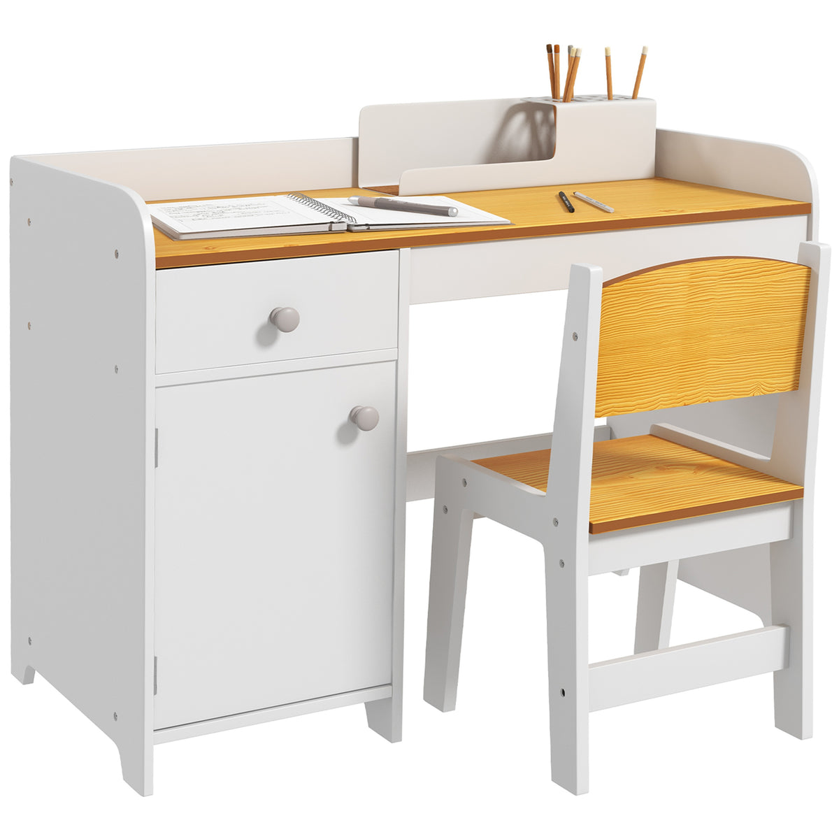 Conjunto de Secretária e Cadeira para Crianças Secretária Infantil com Cadeira Conjunto Infantil de 2 Peças com Gaveta e Armário para Quarto Sala Branco e Natural — foto 1