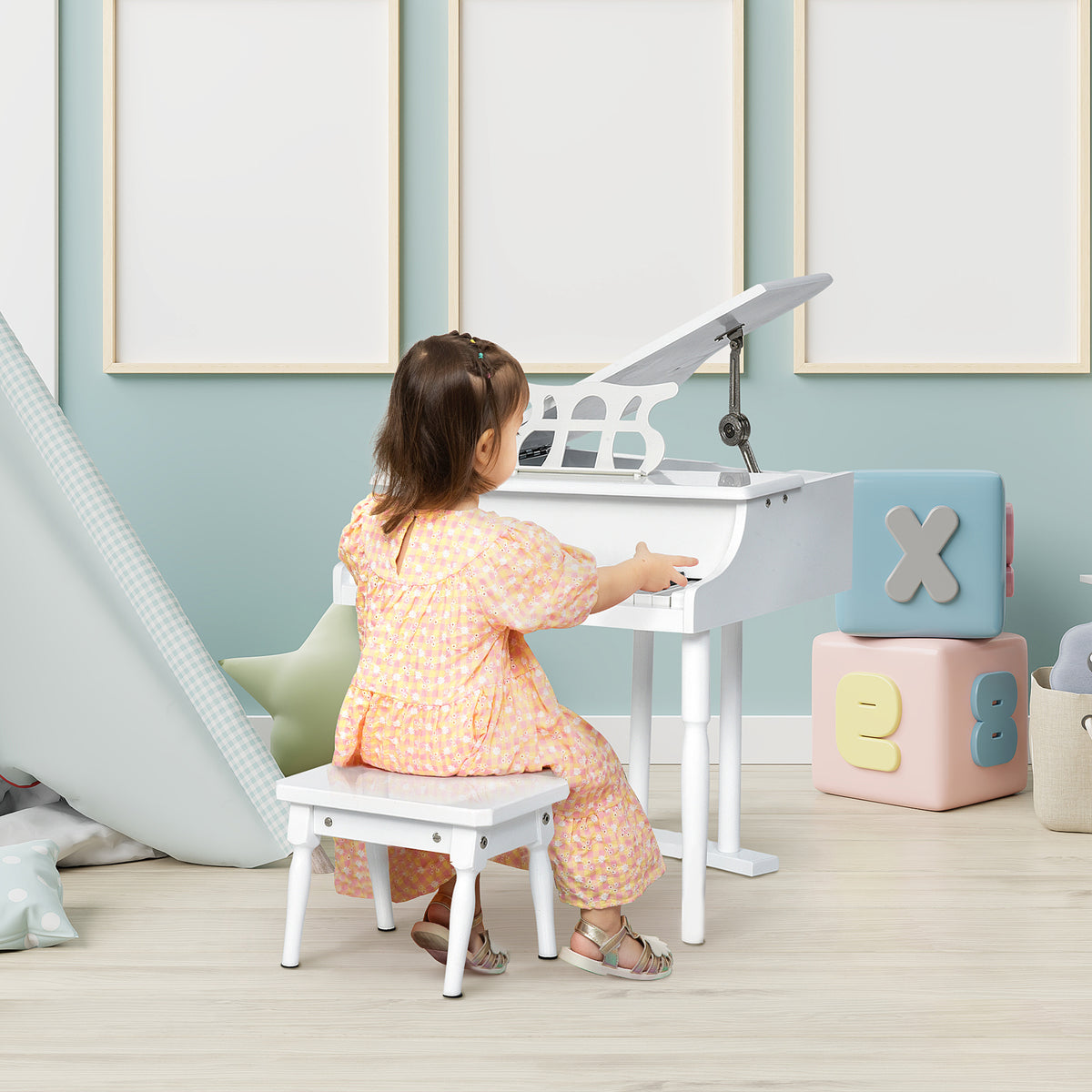 Piano de Cauda Infantil com 30 Teclas Banco Suporte de Partituras Piano para Crianças de MDF Instrumento Musical Educativo 52x50x49cm Branco — foto 2