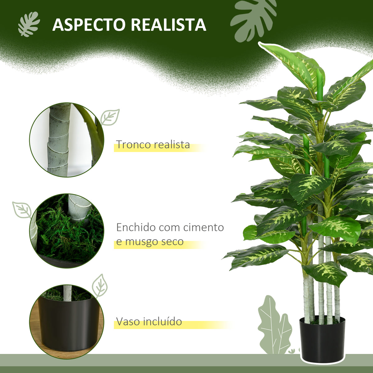 Planta Artificial de 120 cm com 53 Folhas Realistas e Vaso de Cimento Planta Sintética Decoração para Casa Escritório e Exterior Verde — foto 4