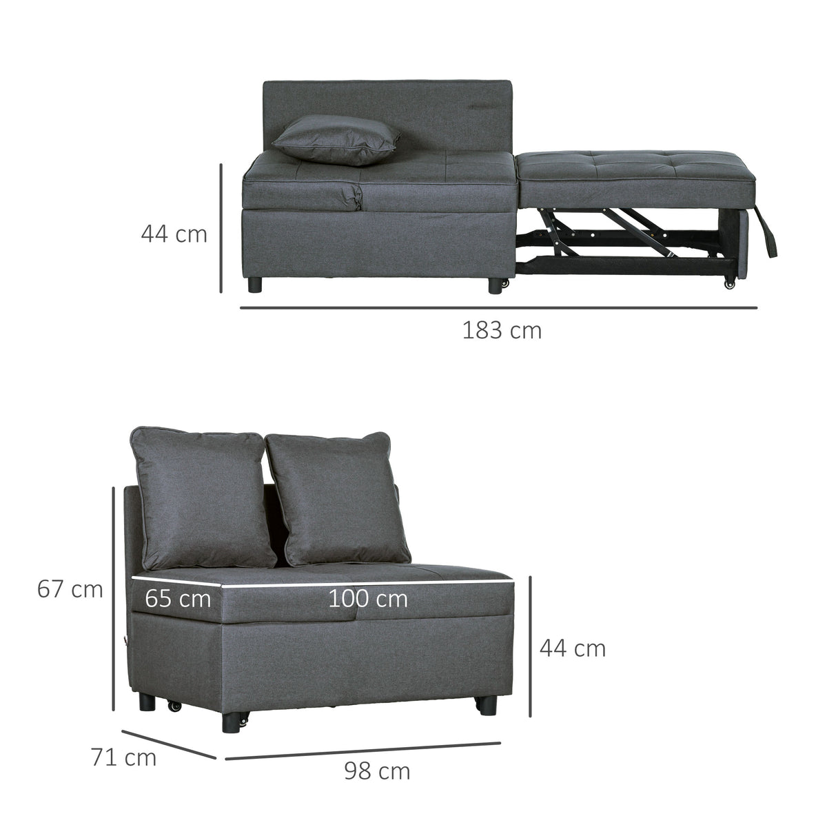 Sofá Cama 3 em 1 Sofá de 2 Lugares com Encosto Ajustável Sofá Cama Individual com Almofadas para Dormitório Sala de Estar 65x98x69 cm Cinzento — foto 3