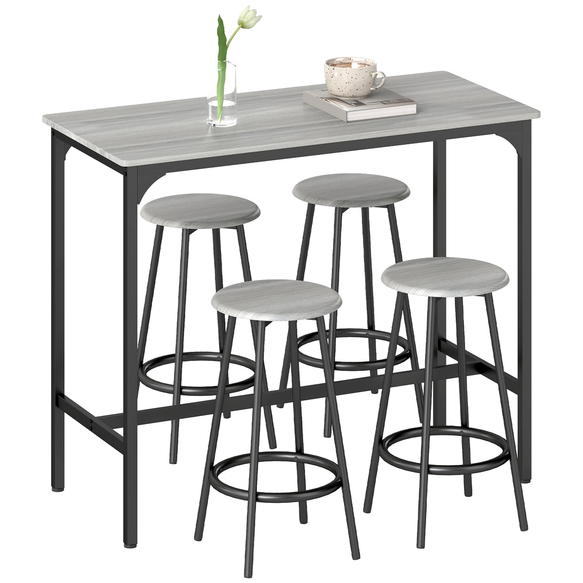 Conjunto de Móveis Altos Mesa e Cadeiras de Bar com 5 Peças Mesa de Refeição Industrial e 4 Bancos Redondos com Estrutura de Metal para Pub Sala de Jantar Cinzento e Preto — foto 1