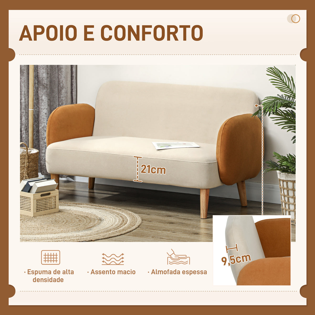 Sofá de 2 Lugares Estofado em Veludo Sofá de Sala de Estar com Apoio para os Braços e Pés de Madeira Sofá Pequeno Carga 240 kg para Dormitório Escritório 130x74x76 cm Bege e Ocre — foto 5