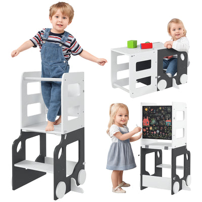 4 in 1 Learning Tower for Kids Over 3 Years Shaped as Car Convertible to Desk and Chair with Chalkboard Safety Barrier 58x46x92 cm White and Grey