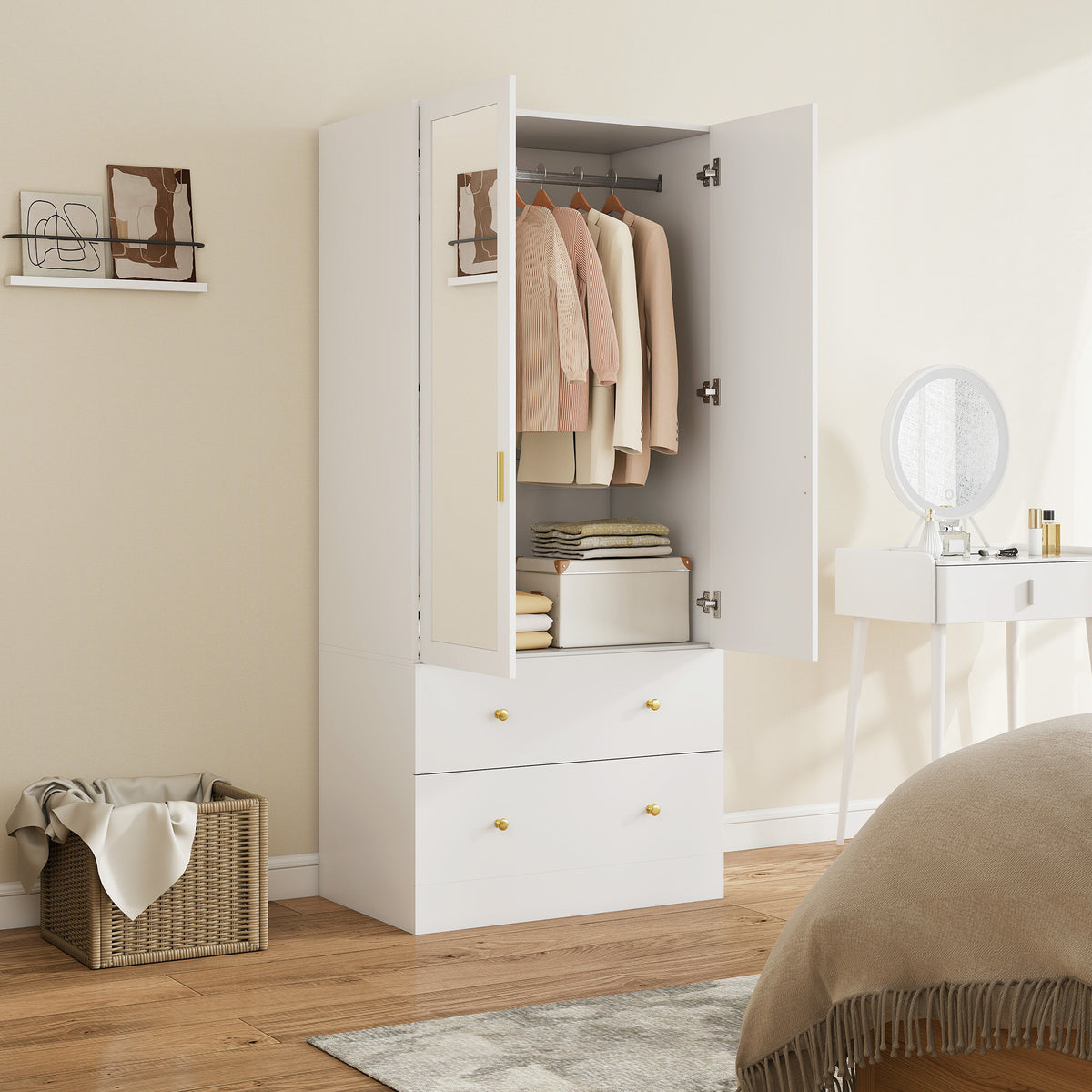 Roupeiro com 2 Portas e 2 Gavetas Armário Roupeiro com Espelho Barra para Pendurar Estilo Moderno 80x50x180 cm Branco — foto 2