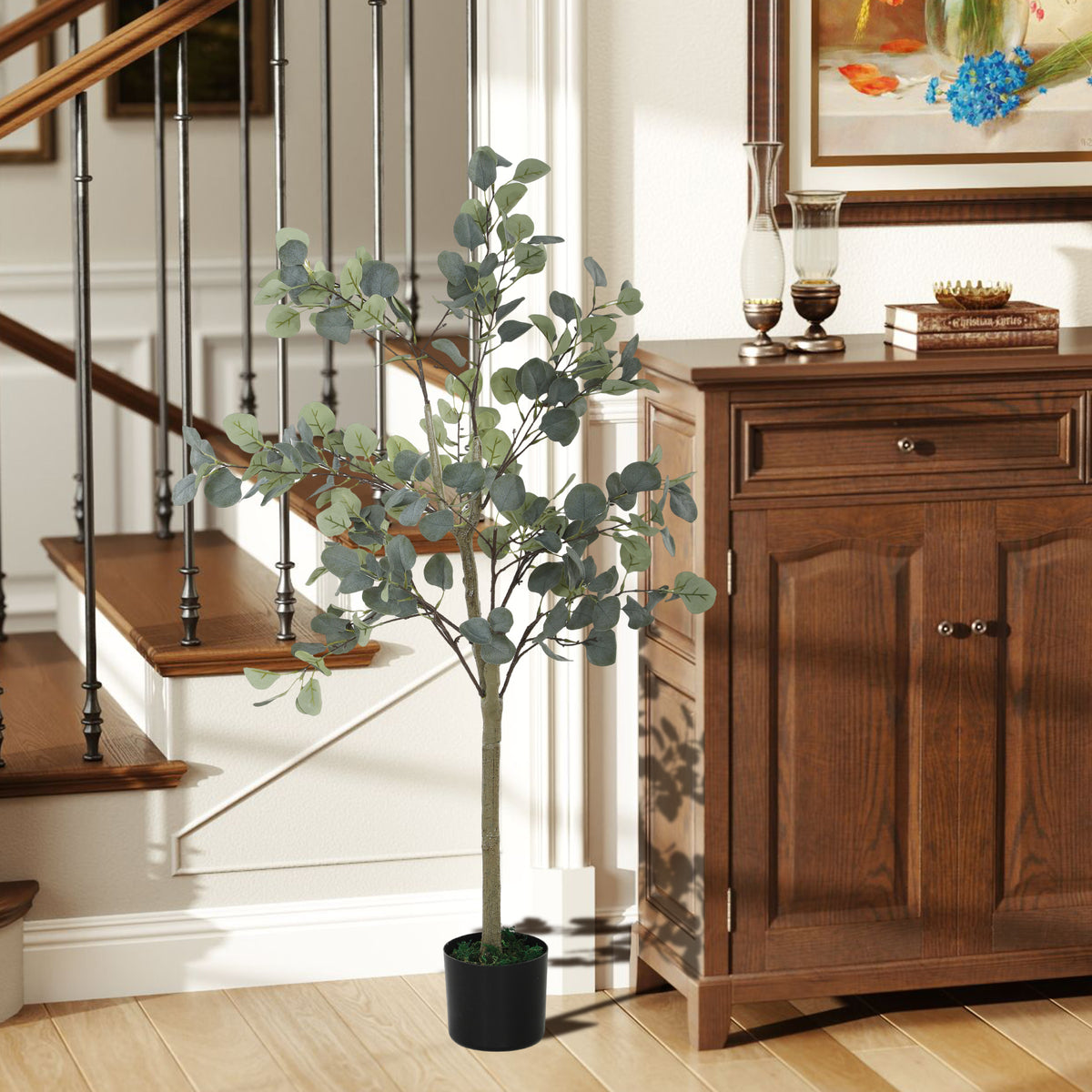 Eucalipto Artificial 120 cm Planta Artificial Decorativa Grande Árvore Artificial de Interior com 230 Folhas Decoração para Casa Escritório Dormitório Verde — foto 2