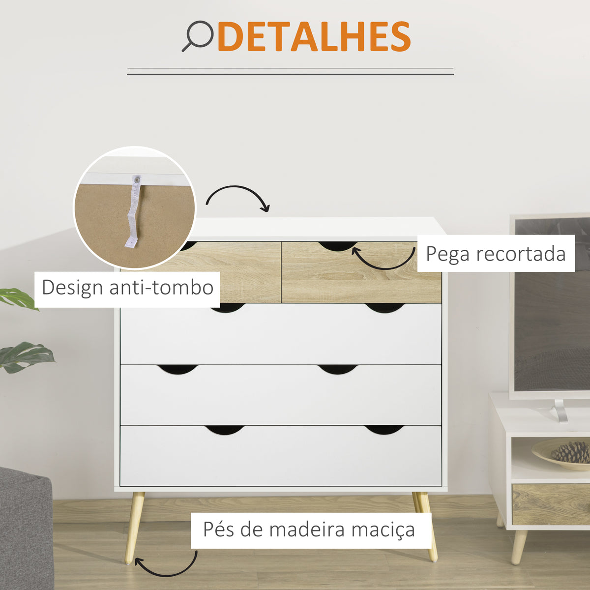 Cómoda com 5 Gavetas Cómoda de Quarto com Pés de Madeira Cómoda para Sala Escritório Estilo Nórdico 99x39x101 cm Branco e Carvalho — foto 5
