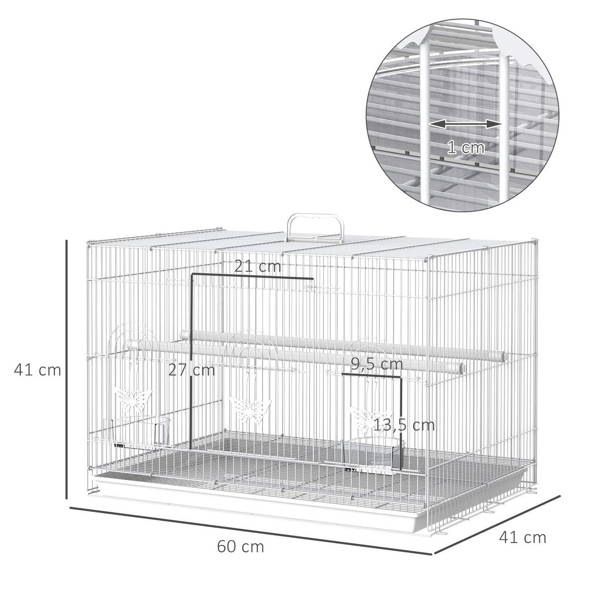 Gaiola para pássaros com 2 poleiros e 3 portas para pássaros pequenos de metal 60x41x41cm branco — foto 3