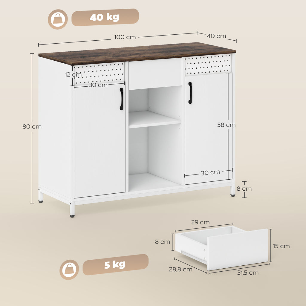Aparador de 2 Portas com Orifícios Aparador de Sala com 2 Compartimentos e Gaveta Prateleiras Ajustáveis para Cozinha Entrada Dormitório 100x40x80 cm Branco e Castanho Rústico — foto 3