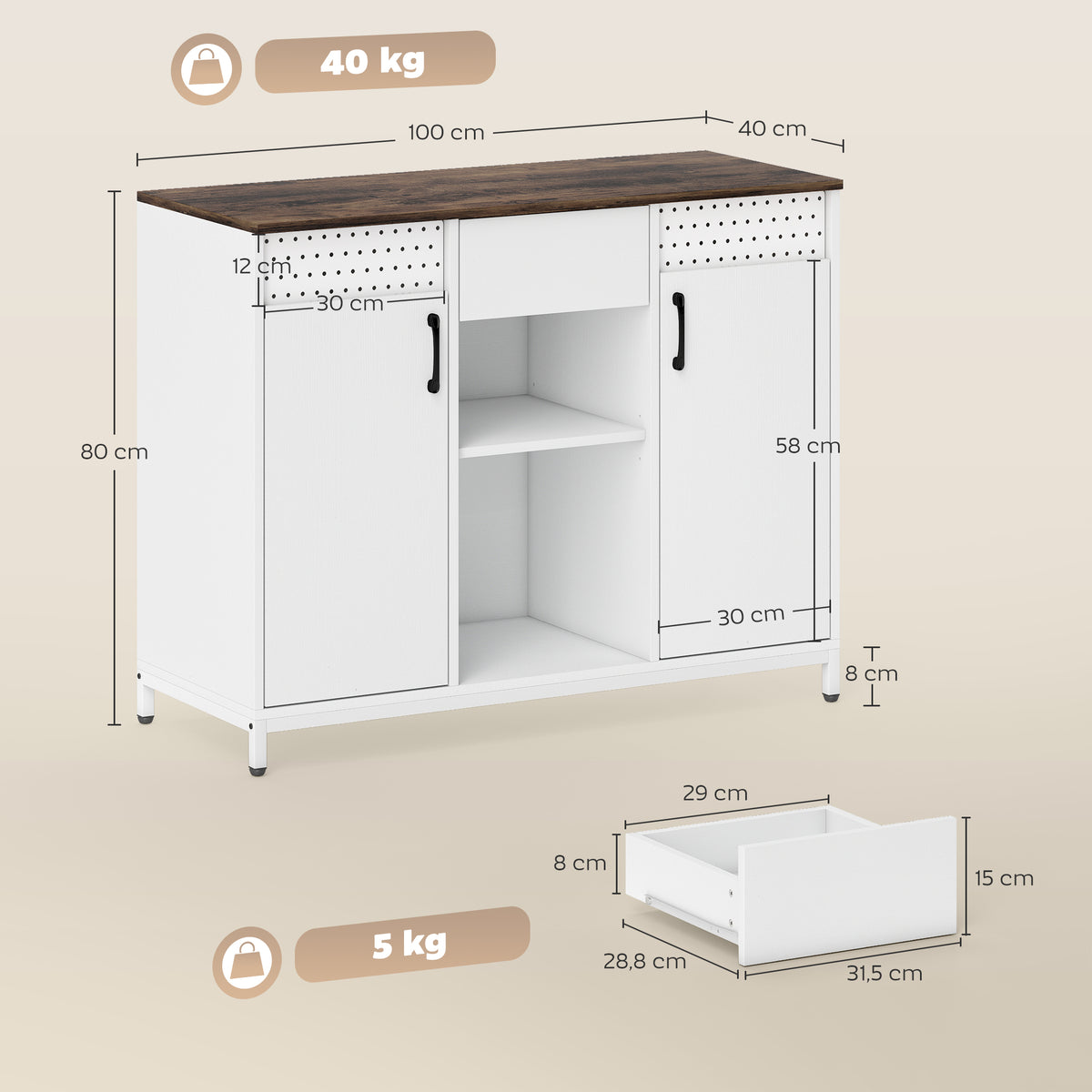 Aparador de 2 Portas com Orifícios Aparador de Sala com 2 Compartimentos e Gaveta Prateleiras Ajustáveis para Cozinha Entrada Dormitório 100x40x80 cm Branco e Castanho Rústico — foto 3