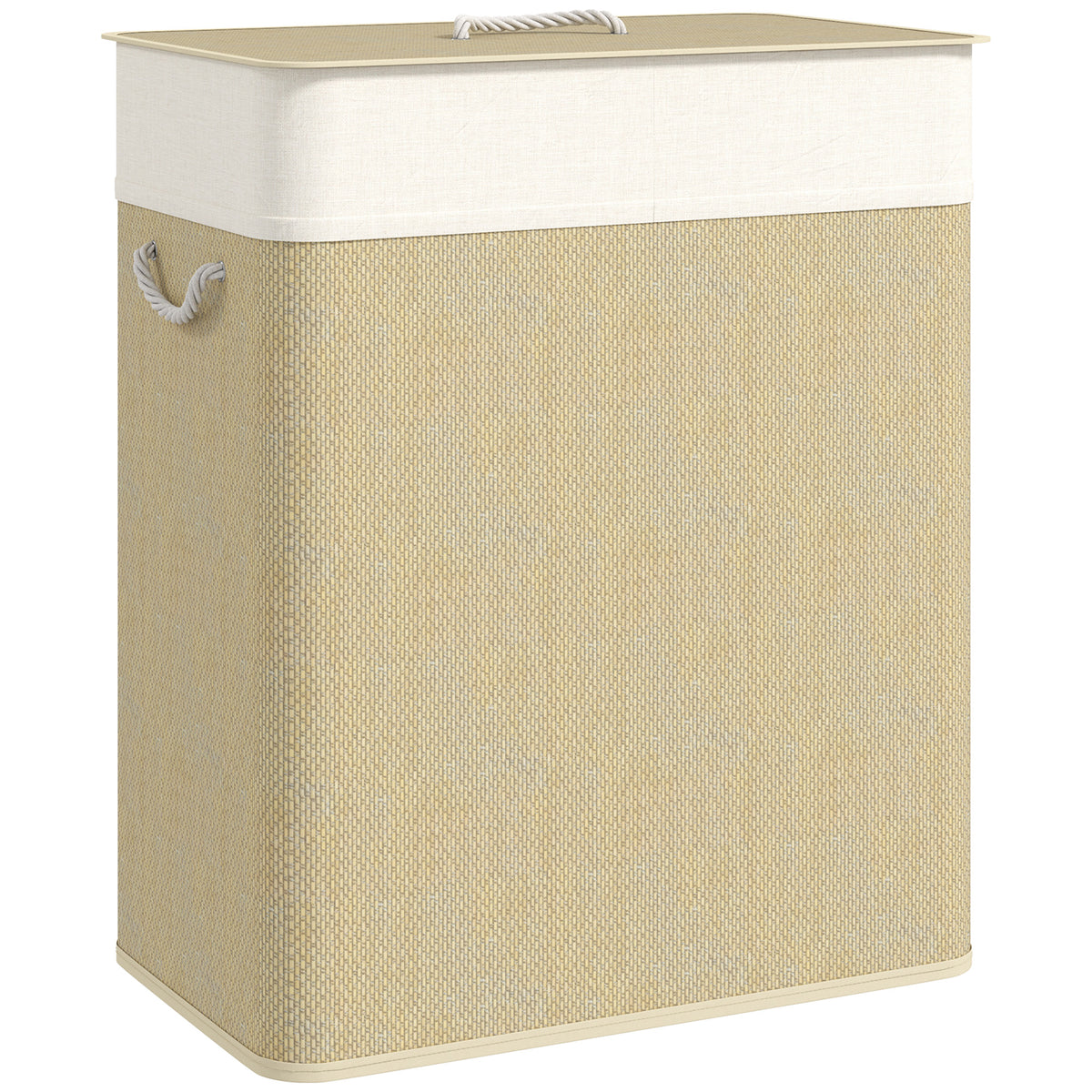 Cesto de Roupa com Tampa 100L Cesto para Roupa Suja de Bambu com 2 Compartimentos Bolsa Interior Amóvivel para Lavandaria Casa de Banho 52x32x63 cm Bege e Creme — foto 1