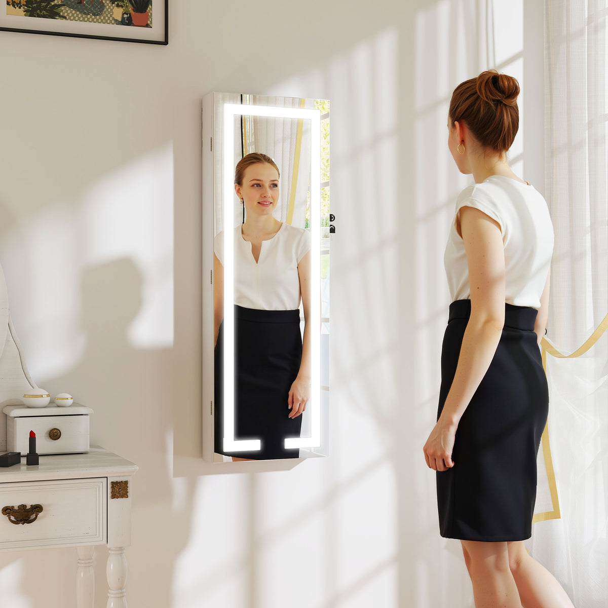Espelho Joalheiro de Parede Espelho de Parede com Luzes LED e Fechadura Armário para Jóias para Pendurar na Parede ou na Porta 37x10,5x108 cm Branco — foto 2