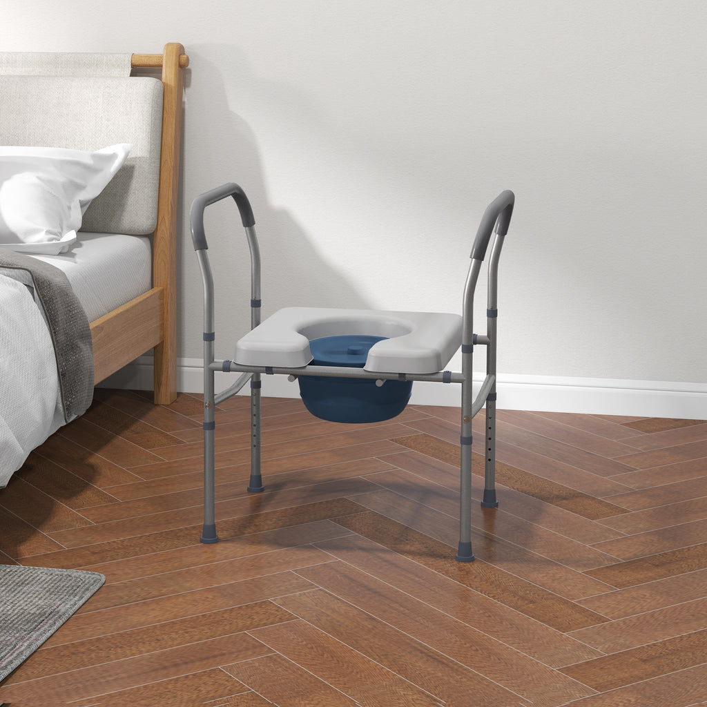 Cadeira Higiénica 4 em 1 Cadeira com Sanita de Alumínio Cadeira de Duche com Altura Ajustável e Almofadas Antiderrapantes Carga 136 kg para Pessoas com Deficiência Grávidas 64x53x70-82 cm Cinza — foto 2