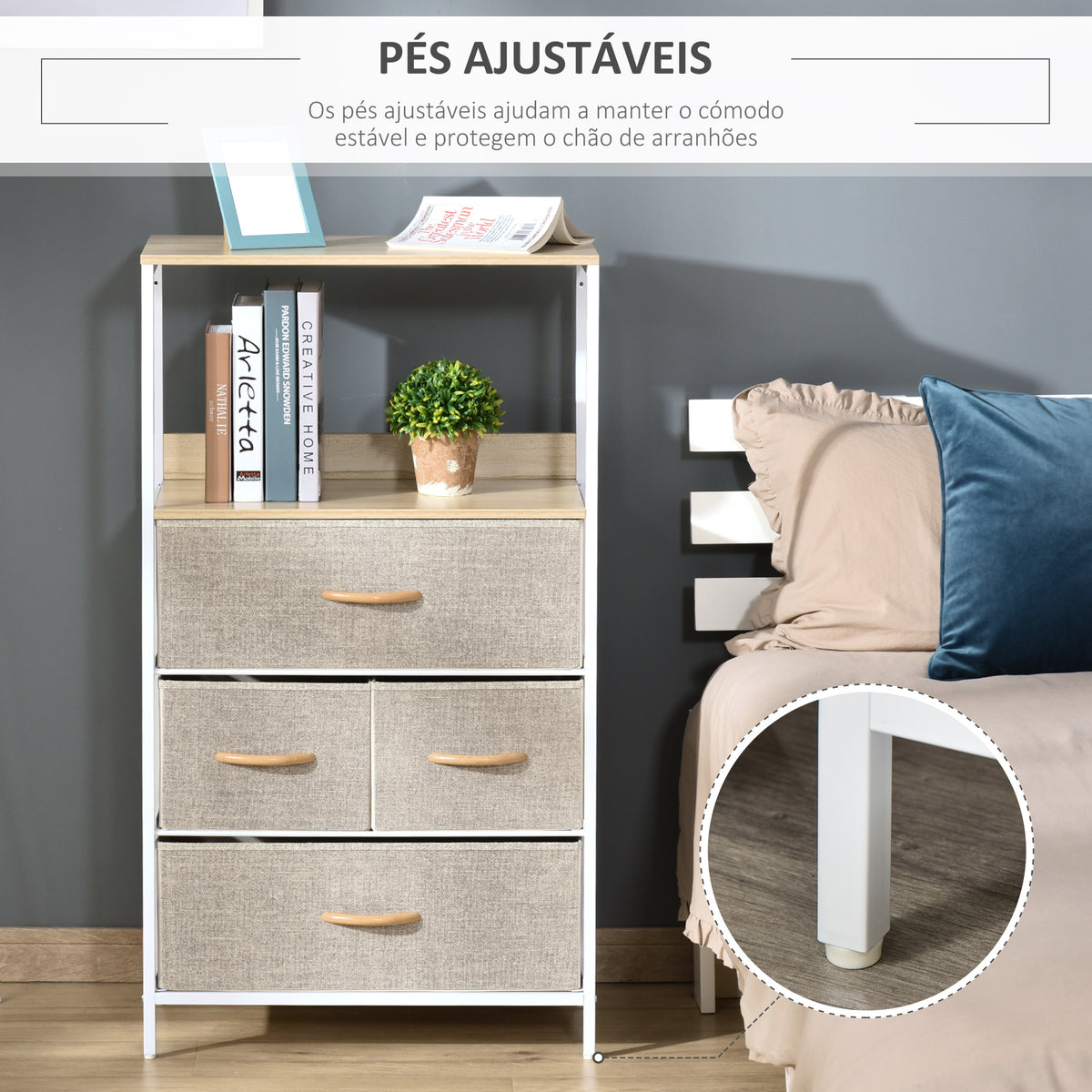 Cómoda com 4 Gavetas Dobráveis e Prateleira Aberta Cómoda com Gavetas de Tecido para Escritório Dormitórios Estilo Industrial Anti-Tombo 58x29x103cm Madeira e Cinza Claro — foto 7