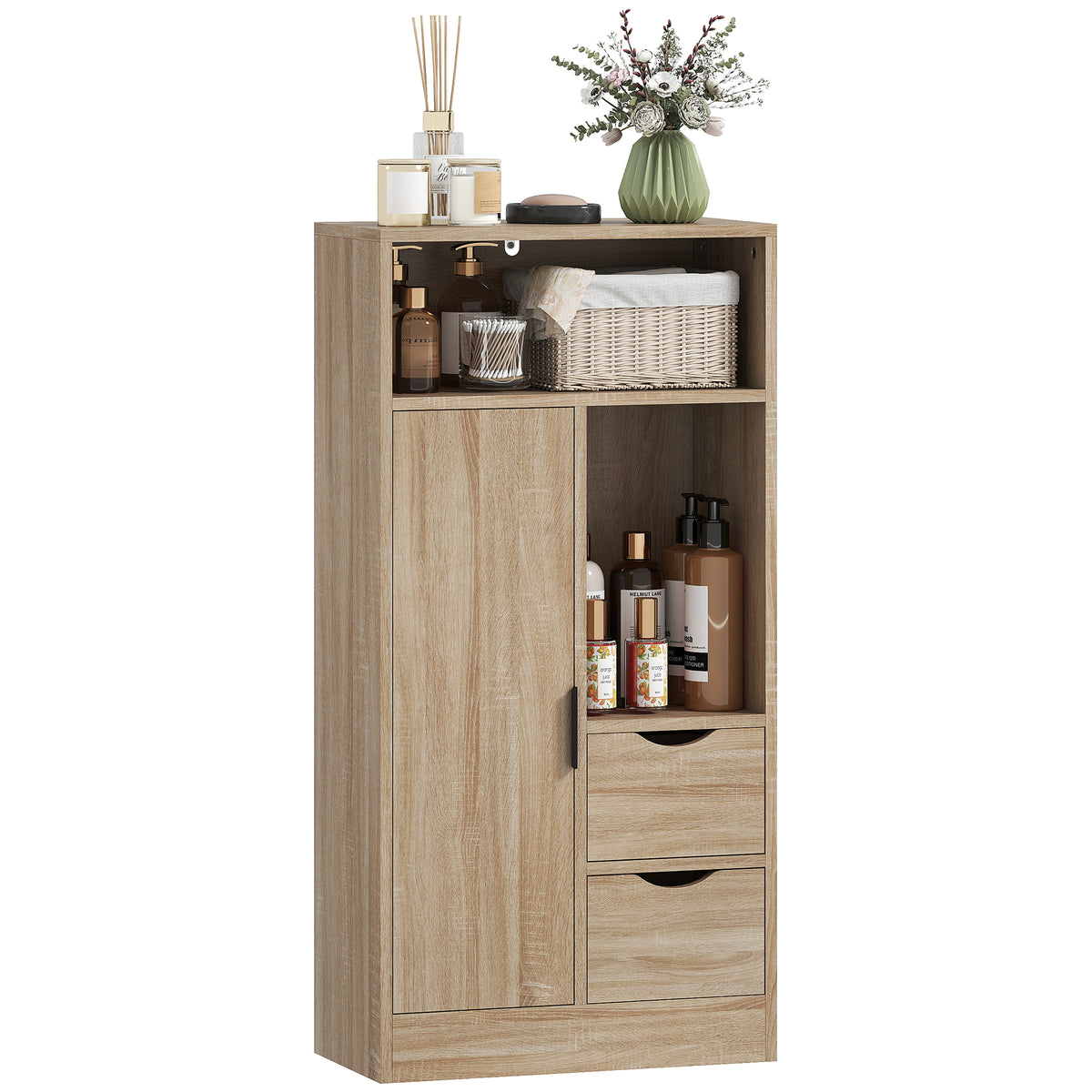 Móvel de Casa de Banho Estreito Armário de Casa de Banho com 2 Gavetas Compartimento Aberto e Prateleiras Ajustáveis para Espaço Pequeno Cozinha Sala 50x25x100 cm Madeira — foto 1