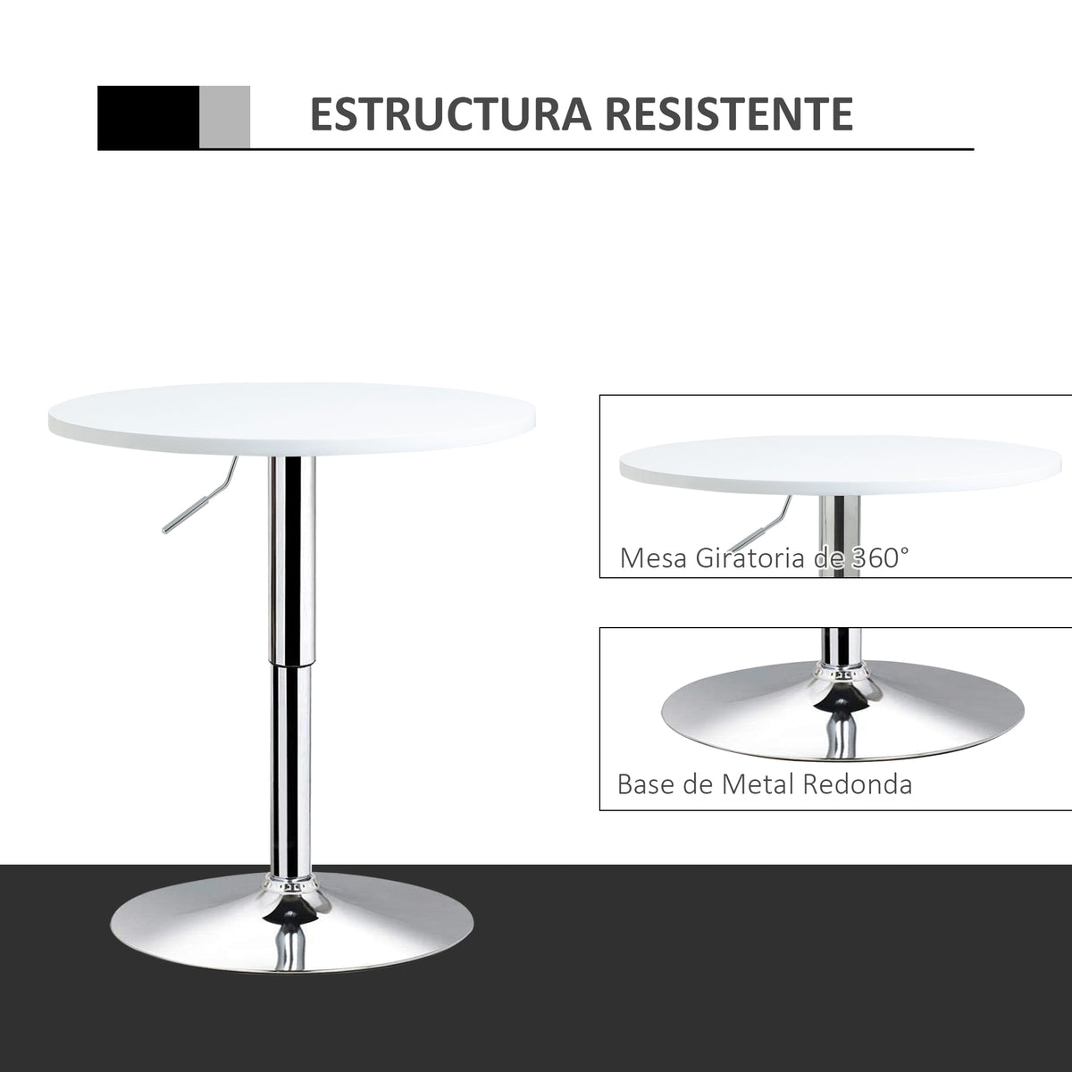 Mesa de bar ajustável em altura com base redonda e antideslizante para cozinha sala de jantar Ø60x69-93 cm Branco — foto 5