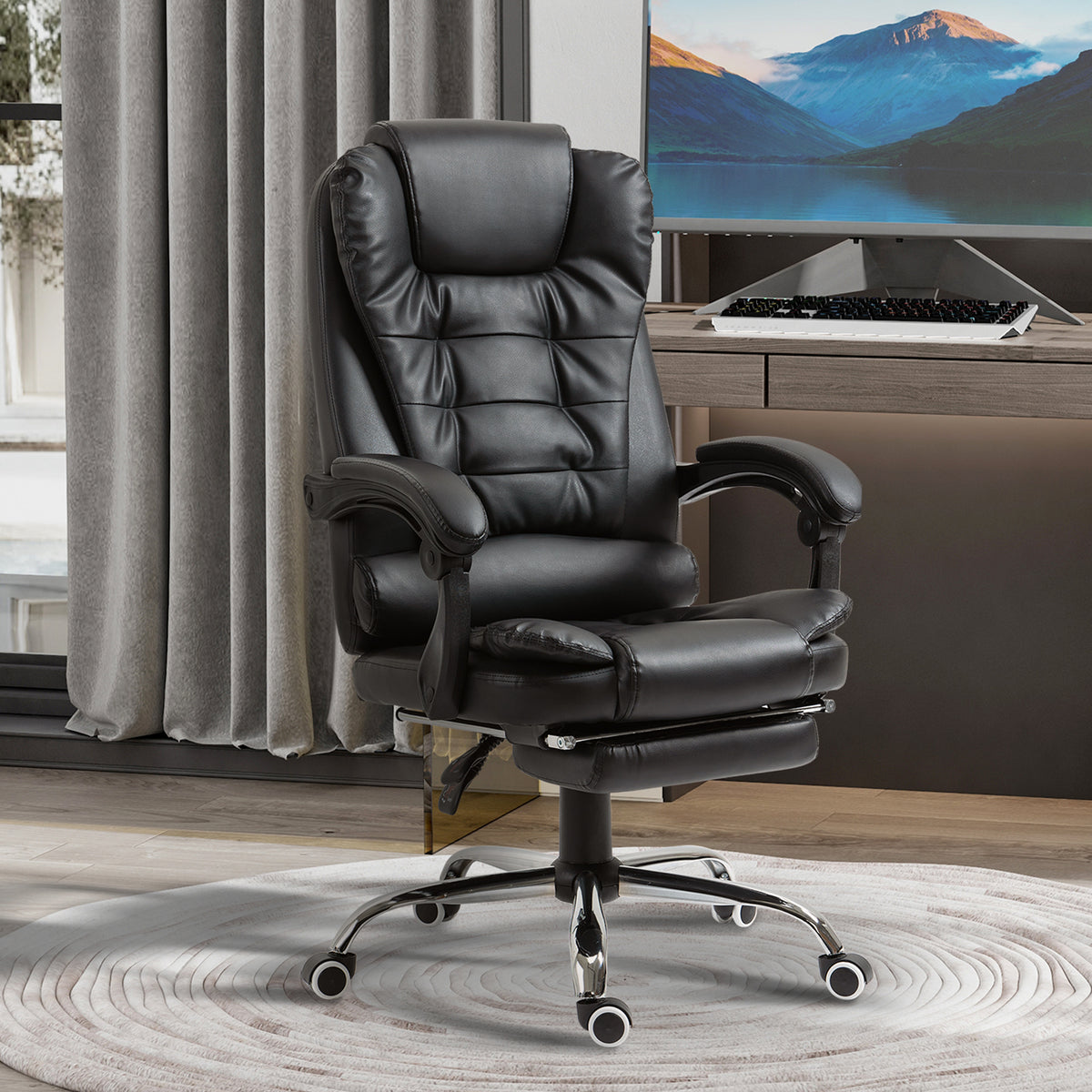 Cadeira de Escritório Reclinável Cadeira de Escritório com Apoio para os Pés Cadeira Executiva Giratória com Altura Ajustável Estofada em PU e Apoio para os Braços 64,5x69x109-117 cm Preto — foto 2