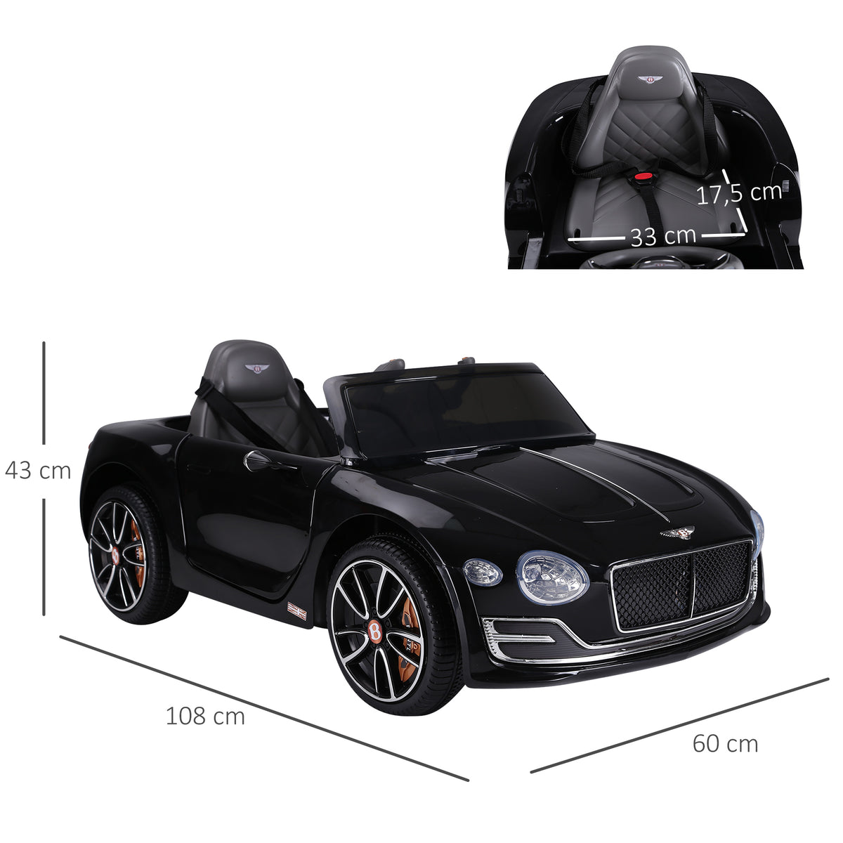 Bentley GT elétrico licenciado para crianças acima de 3 anos, 2 velocidades com controle remoto farois musica preto — foto 3