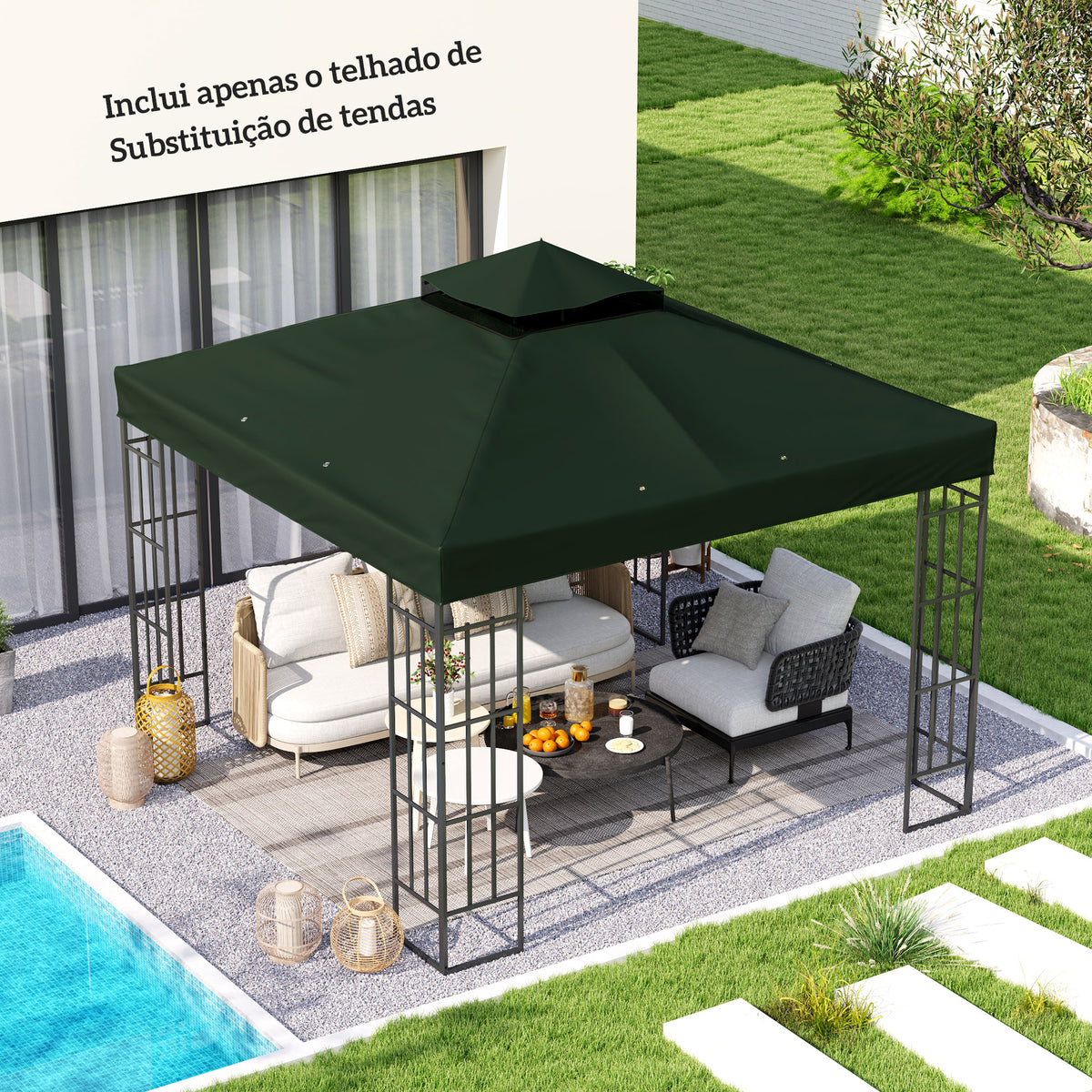 Teto de Substituição para Pavilhão, 3x3 m, Cobertura de Substituição com Teto Duplo, Orifícios de Drenagem e Proteção UPF30+, APENAS Toldo de Substituição para Gazebo, Verde — foto 2