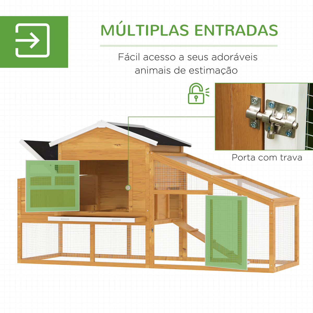 Galinheiro de Madeira Exterior Gaiola para 2-4 Galinhas com Grade de Arame Tetos Asfálticos Ninho Bandeja Removível Rampa e Zona Aberta 200x80x105cm Natural — foto 5