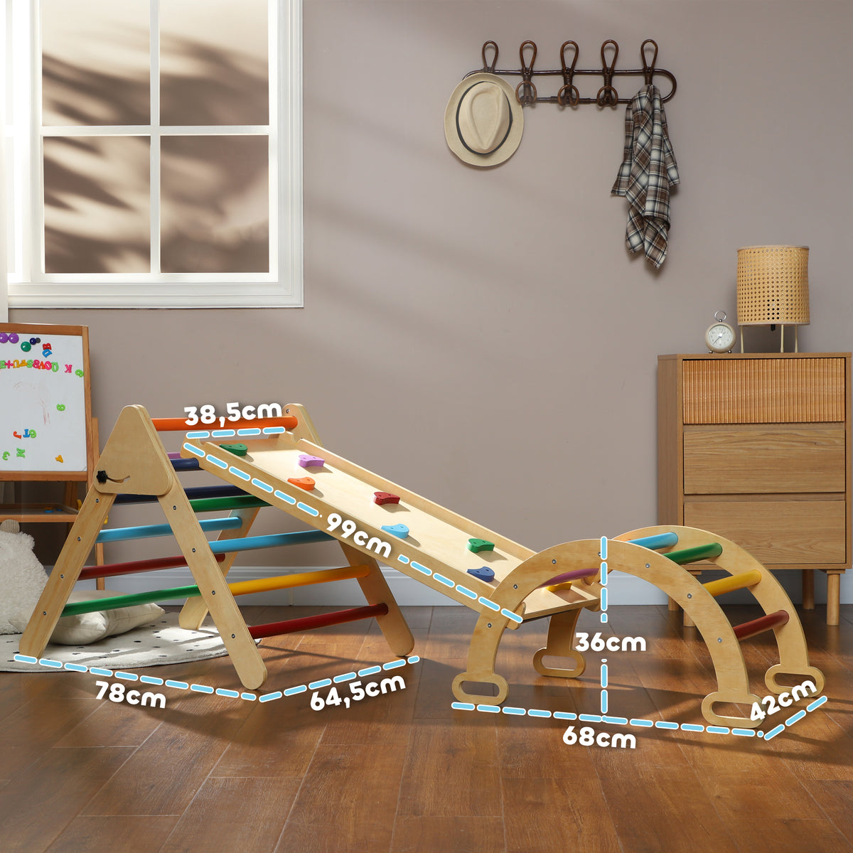 Triângulo de Escalada de Madeira 5 em 1 Escada para Crianças de 18-48 Meses com Rampa e Arco de Escalada para Deslizar ou Escalar 178x64,5x63 cm Multicor — foto 3