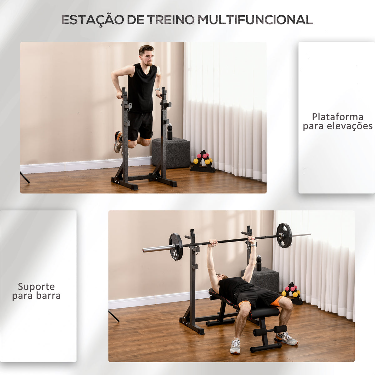 Suporte para Barras de Pesos Multifuncional com Largura e Altura Ajustáveis Suporte de Musculação com Estrutura de Aço Carga 200 kg para Treino em Casa Ginásio 60-87x65x121-158 cm Preto — foto 4