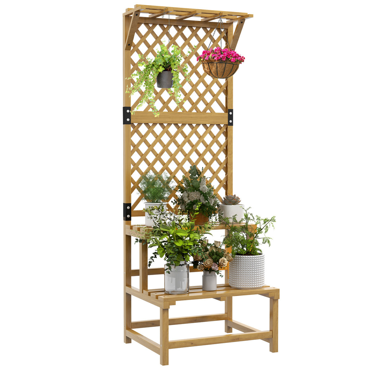 Suporte para Plantas de Madeira com Treliça Suporte para Vasos de 2 Níveis para Jardim Pátio Terraço Varanda 60x50x166 cm Madeira — foto 1