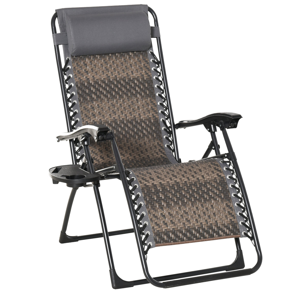 Espreguiçadeira dobrável de vime com encosto ajustável Apoio de cabeça removível Suporte para copos e telefone Jardim Terraço 65x70x110 cm Cinza — foto 1
