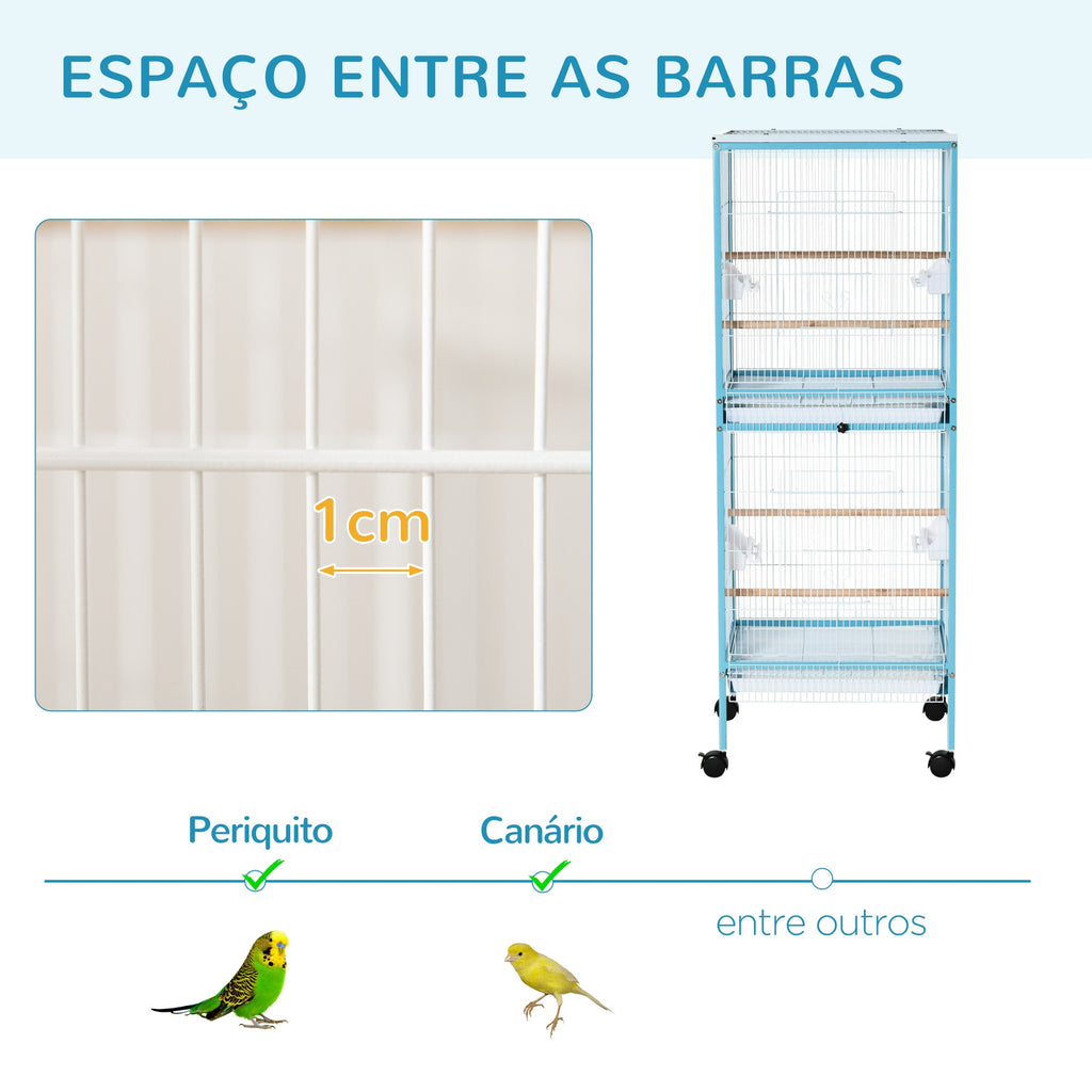 Gaiola para Pássaros com Rodas Gaiola Grande de 2 Níveis com Bandejas Removíveis Portas Comedouros Poleiros para Canários Periquitos 51,5x50x140 cm Azul e Branco — foto 7