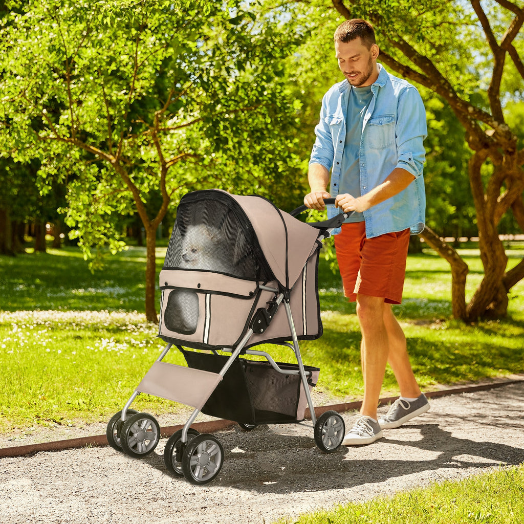Carrinho para Cães Dobrável, Coche para Cães Pequenos com Cesta de Armazenamento, Janelas de Malha, Suporte para Copos, Rodas EVA, Almofada Lavável, Travões, Carga 10 kg, 75x45x97 cm, Castanho — foto 2