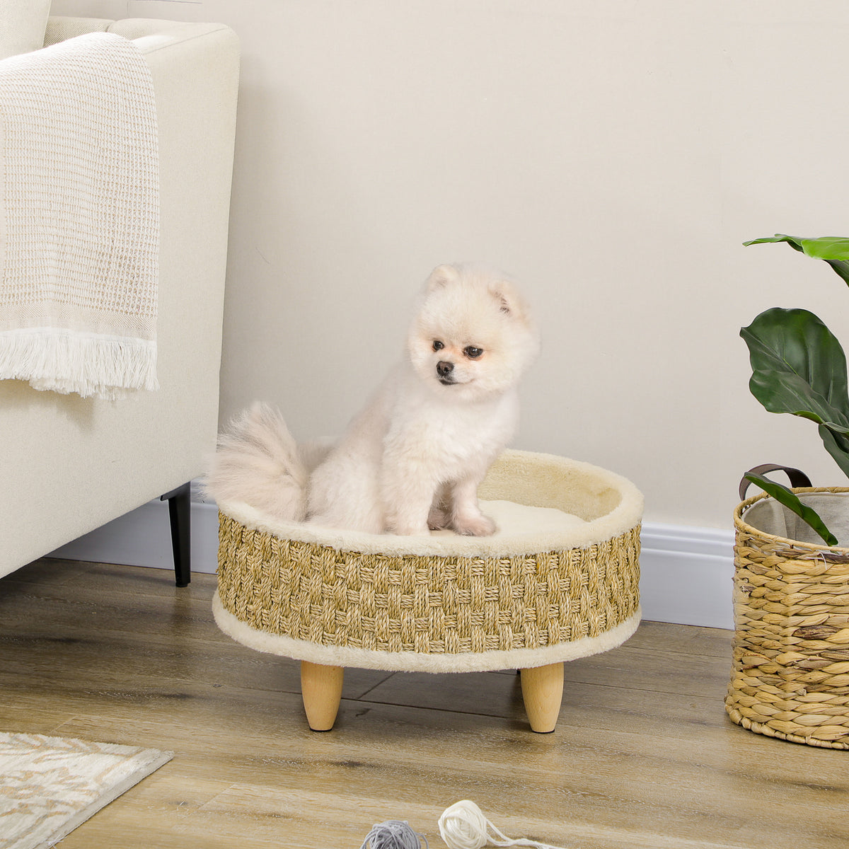 Cama Elevada para Gatos Cama para Cães Miniatura com Almofada Lavável Corda de Seagrass Estrutura de Madeira e Almofadas Antiderrapantes Sofá para Animais de Estimação para Interior Ø48x24,5 cm Bege — foto 2