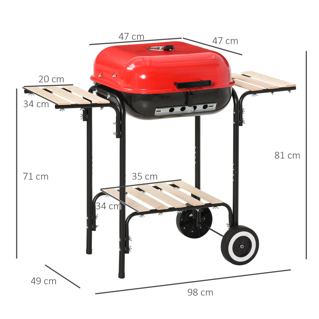 Barbecue a Carvão com Prateleiras de Madeira e Rodas Barbecue e Carvão para Campismo Pátio 98x49x81 cm Preto e Vermelho — foto 3