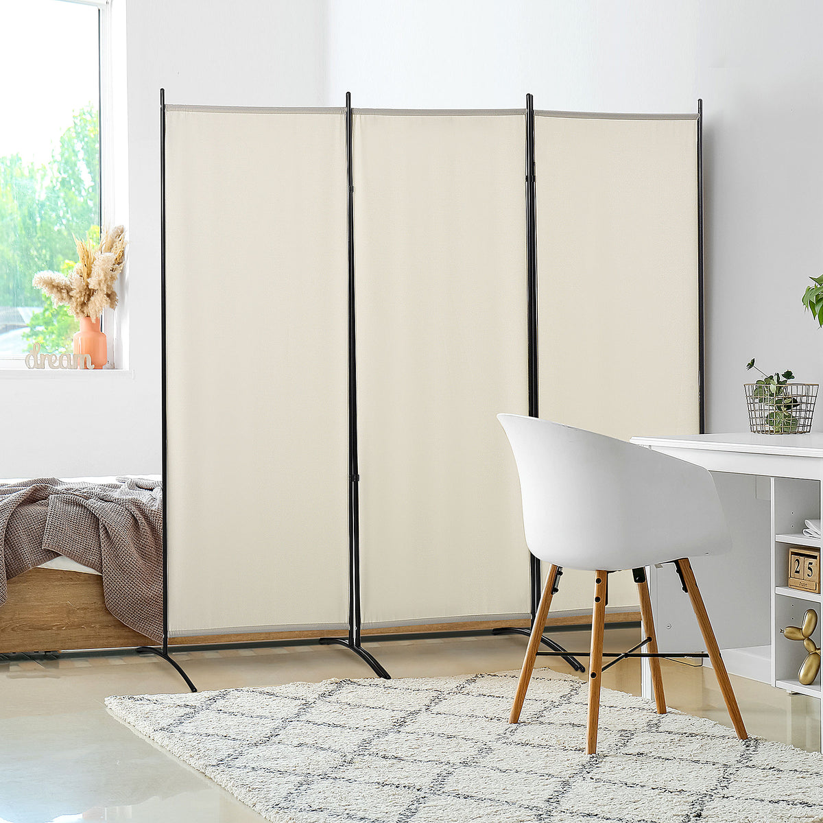 Biombo de 3 Paineis Separador de Ambientes Dobrável 253x50x182 cm Divisor de Ambientes Biombo de Privacidade com 6 Pés de Metal para Escritório Dormitório Bege — foto 2