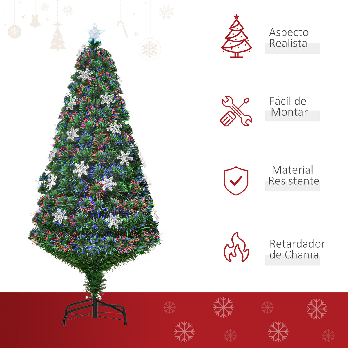 Árvore de Natal Artificial 150 cm Árvore de Natal com 180 Ramos 21 Luzes LED e Fibra Óptica Decoração de Natal Ø60x150 cm Verde — foto 4