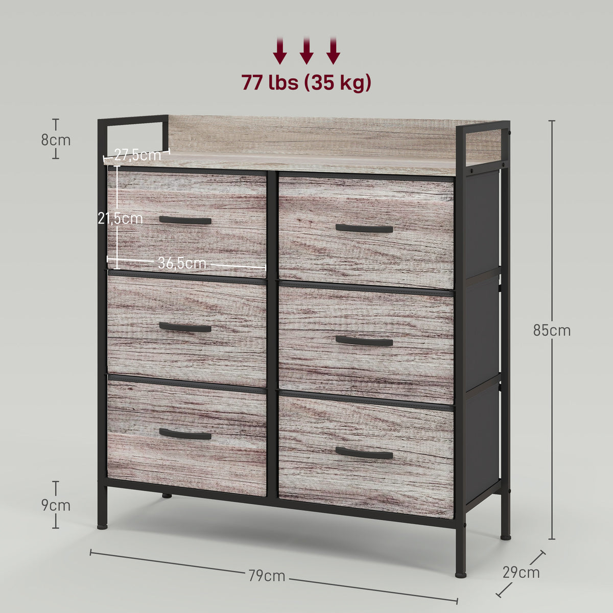 Cómoda com 6 Gavetas Dobráveis Cómoda de Tecido com Estrutura de Aço Estilo Industrial Cómoda para Quarto Corredor 79x29x85 cm Cinzento — foto 3
