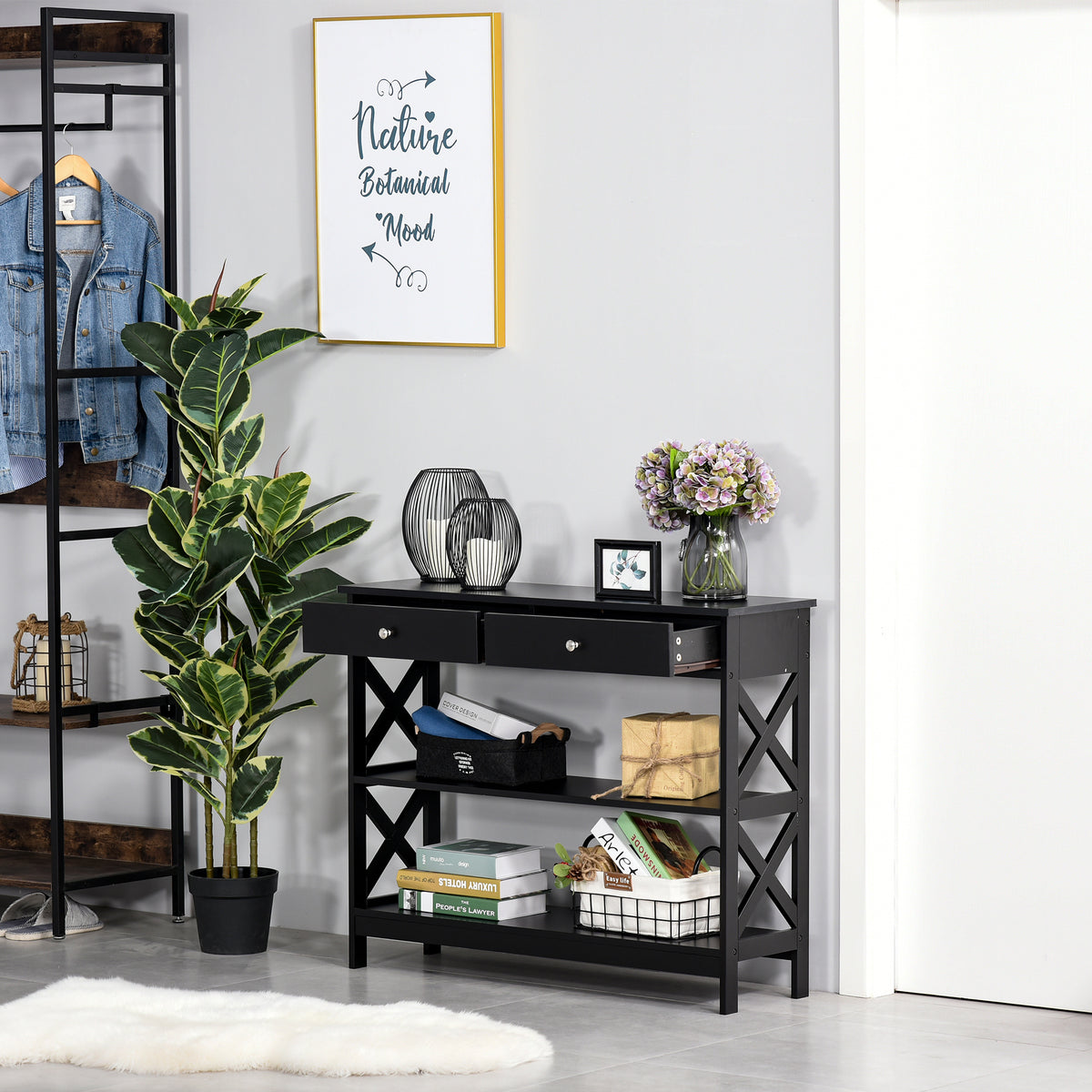 Consola de Entrada Mesa Hall com 2 Gavetas e 2 Prateleiras Inferiores Mobiliário Moderno Base Elevada Anti-Inclinação 100x30.5x80 cm Preto — foto 2