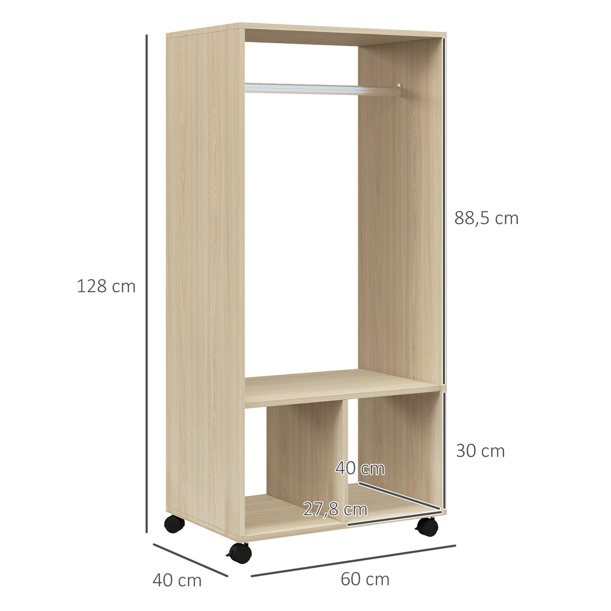 Roupeiro de Madeira Móvel Armário Roupeiro Aberto com Barra para Pendurar e Prateleiras Organizadoras para Dormitório 60x40x128 cm Madeira — foto 3