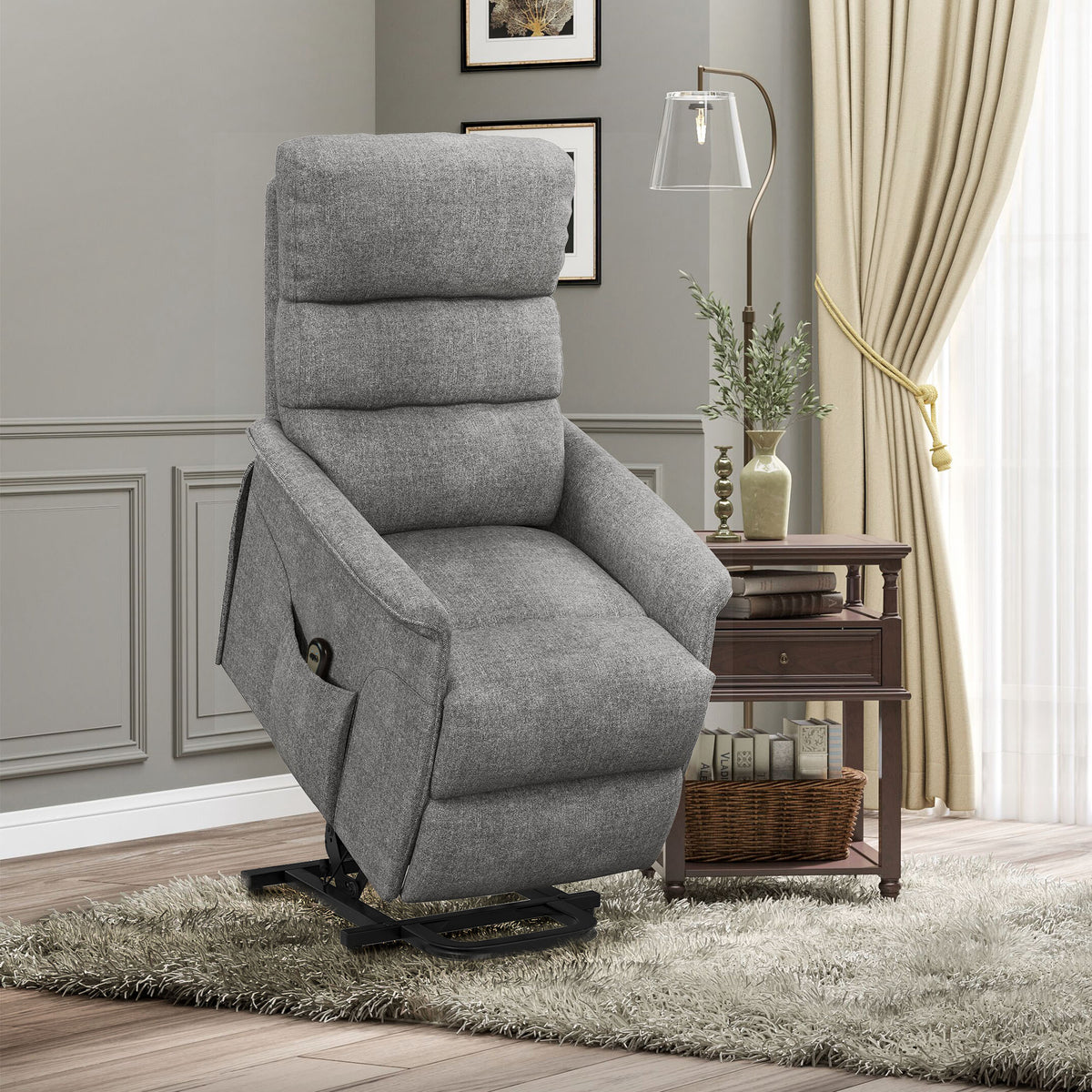 Poltrona Relax Reclinável Elétrica Poltrona Levanta Pessoas com Controlo Remoto e Bolso Lateral Poltrona Elétrica para Sala de Estar Dormitório 66x90x96 cm Cinza — foto 2