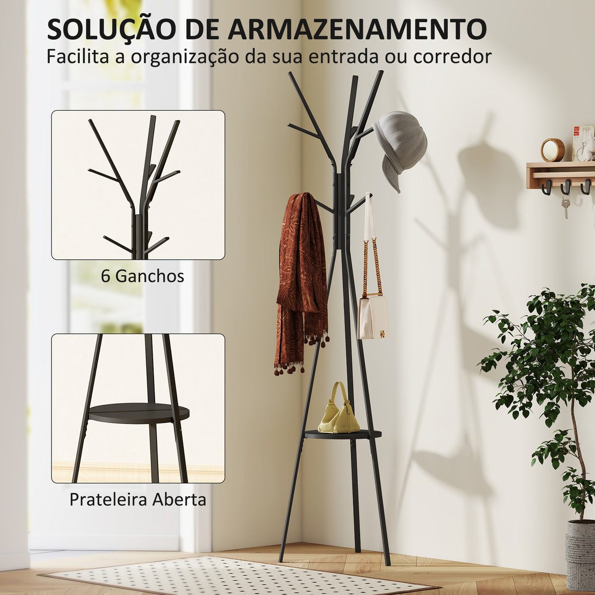 Cabide de Pé Metálico para Pendurar Roupa Bolsas com 9 Ganchos e Prateleira Cabide de Pé Moderno 45x45x180 cm Preto — foto 4