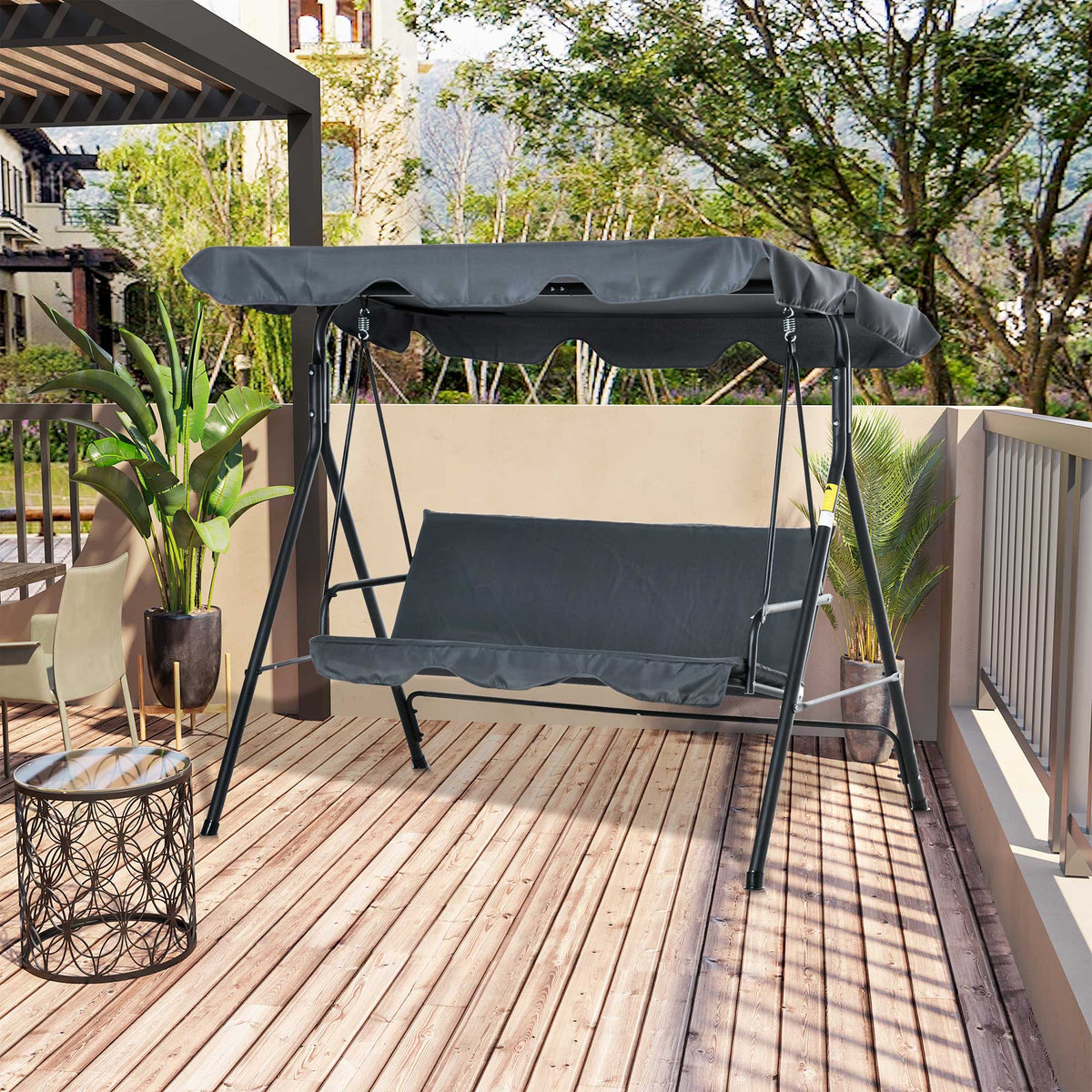 Baloiço de Jardim de 3 Lugares com Almofada Toldo Ajustável e Estrutura de Metal para Balcão Terraço Patio Carga Máx. 200kg 172x110x153cm Cinza — foto 2