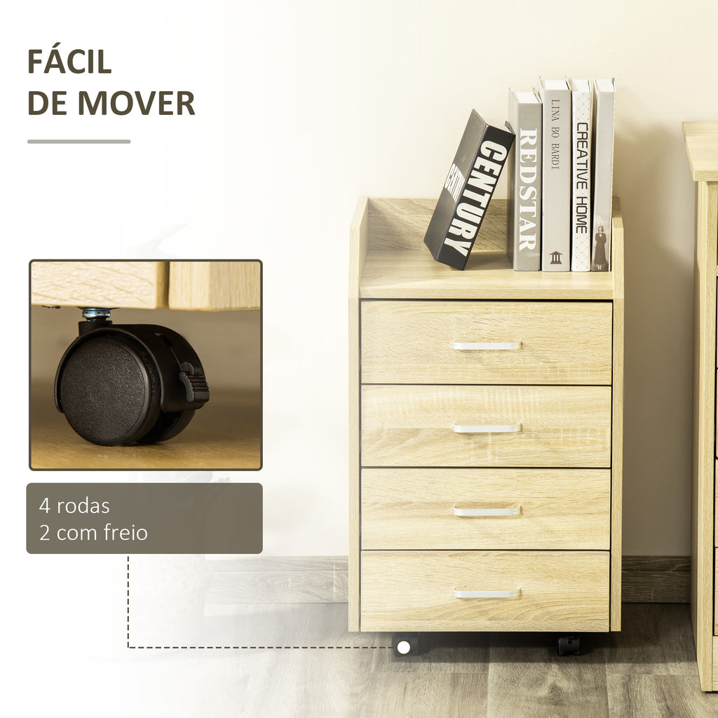 Bloco de Gavetas Móvel Auxiliar com 4 Gavetas Bancada Superior de Armazenamento 4 Rodas e 2 Freios para Estúdio Escritório 40x36x65cm Carvalho — foto 5