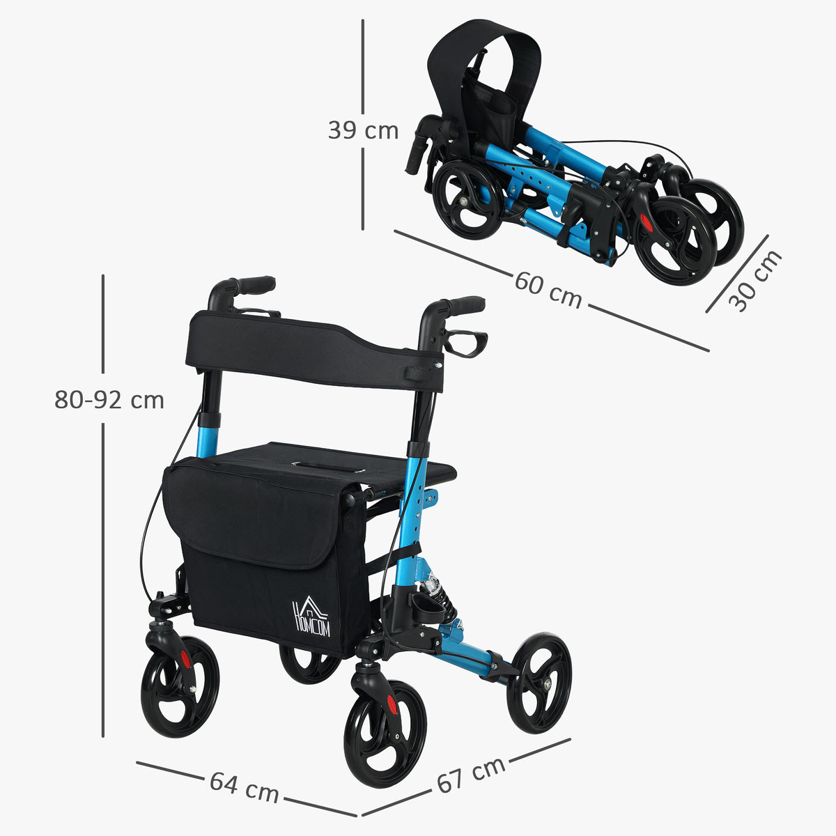 Andarilho Idosos Dobrável de Alumínio Andador para Pessoas Maiores com Assento e 4 Rodas Andarrilho com Altura Ajustável Travão e Bolsa de Transporte 66x65x80-93 cm Preto e Azul — foto 3