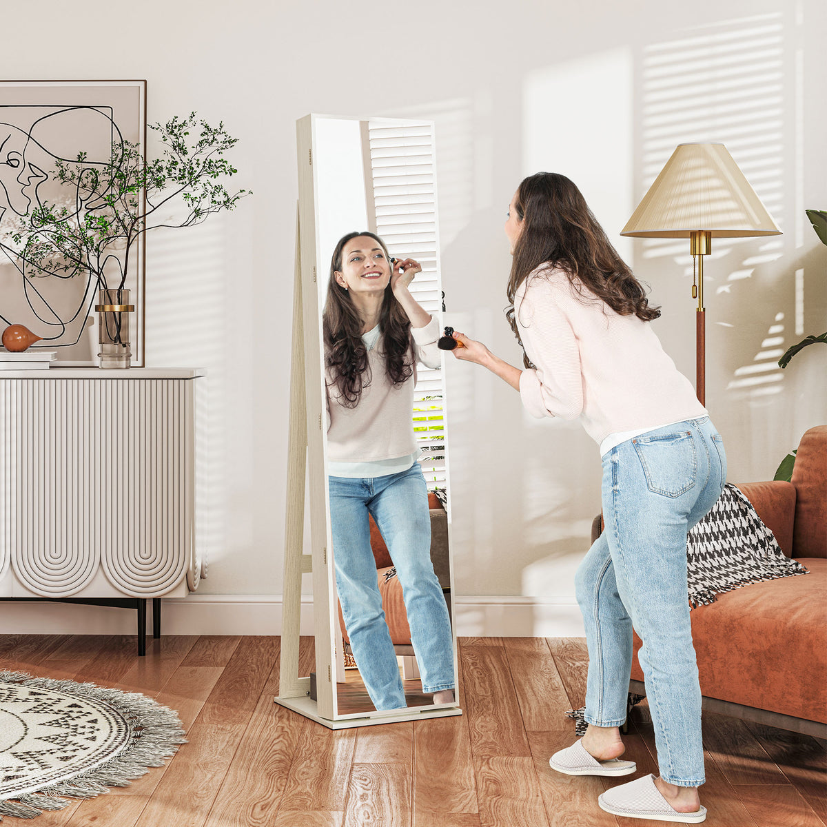 Joalheiro de Pé Armário para Joias com 6 Luzes LED Fechadura Organizador de Joias com Prateleiras Suportes para Anéis 38x38x157cm Branco e Bege — foto 2