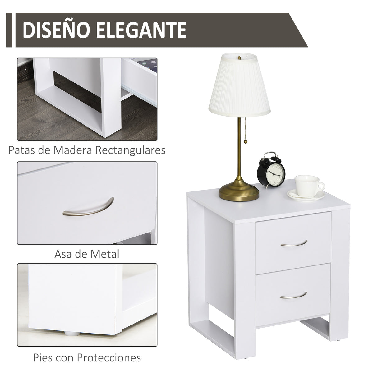 Mesa de Cabeceira com 2 Gavetas Pés e Base Elevada para Dormitório Mesa Lateral para Sala de Estar Estilo Moderno 48x39x54cm Branco — foto 6