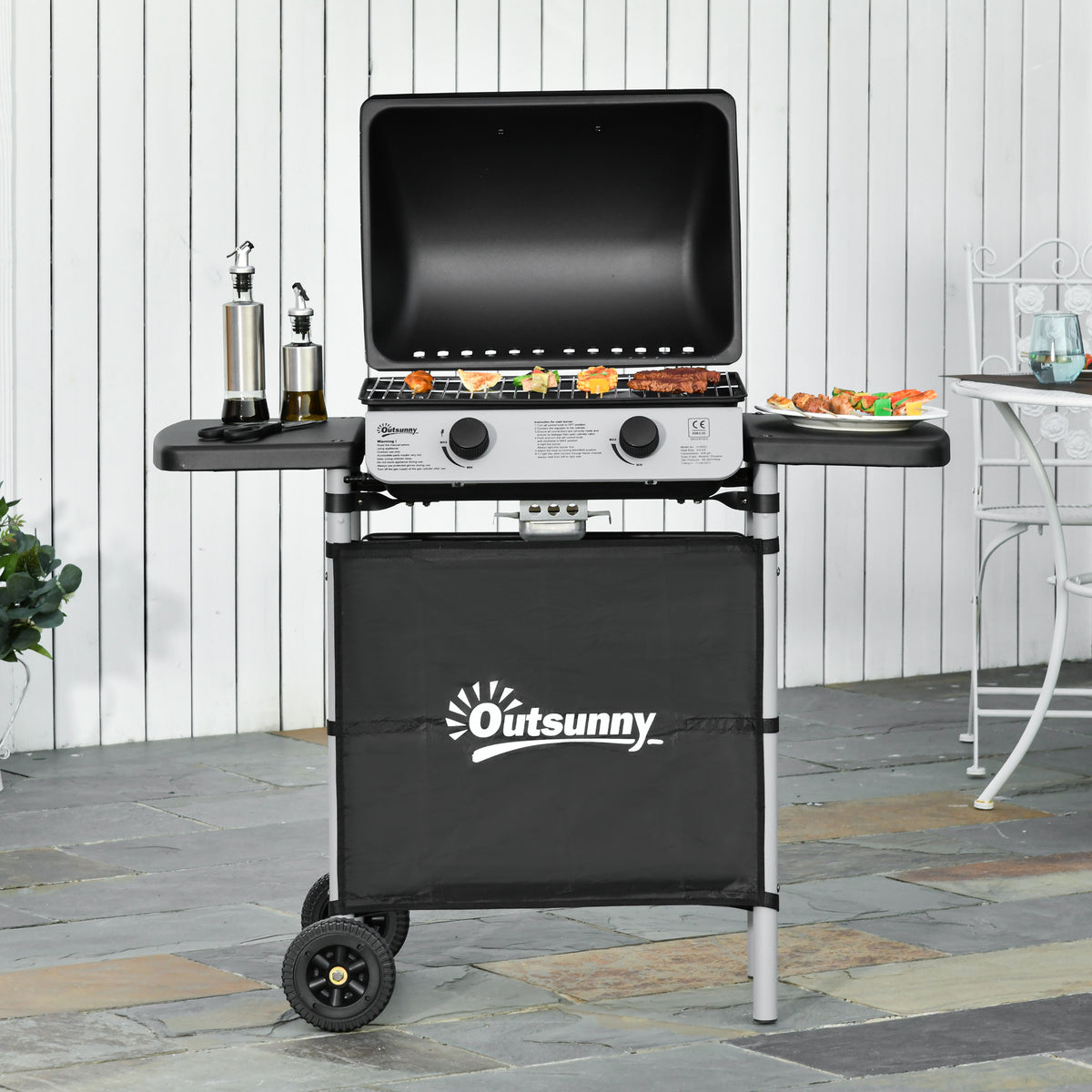 Barbecue a Gás com 2 Queimadores 2,8 KW Barbecue a Gás com 2 Rodas 2 Mesas Laterais e Grelhas de Aço para Piquenique Campismo 104x49x99 cm Preto — foto 2