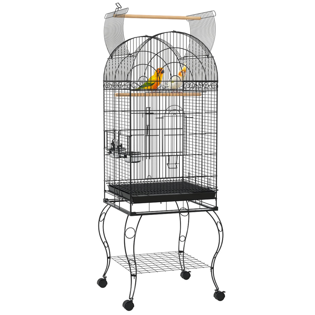 Gaiola para Pássaros com Rodas Gaiola para Pássaros com Bandeja Amovível Prateleira e 2 Comedouros de Aço Inoxidável e Poleiro para Periquitos Canários 51x51x153 cm Preto — foto 1