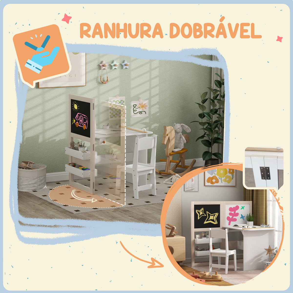 Mesa e Cadeira Infantil de 2 Peças Mesa para Crianças com Cadeira Ardósias Dobrável Mesa para Crianças acima de 3 Anos com Prateleiras Rolo de Papel para Dormitório Sala de Jogos Branco — foto 5
