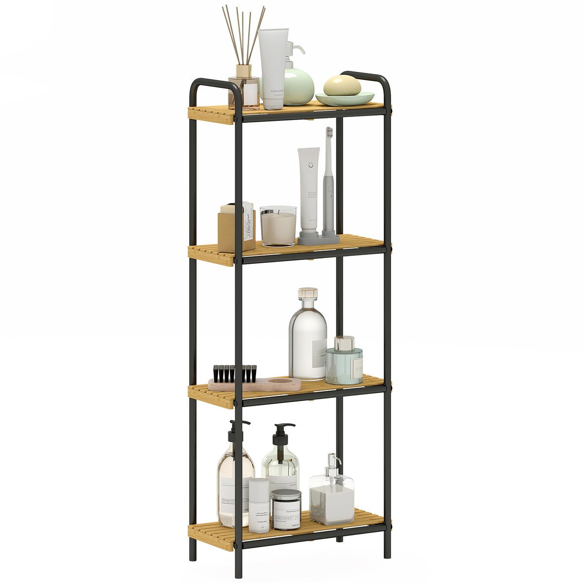 Estante de Casa de Banho de Bambu de 3 Níveis Estante de Armazenamento com 3 Prateleiras Abertas Desenho de Ripas e Estrutura de Aço para Cozinha Casa de Banho 41,5x21,5x106 cm Madeira e Preto — foto 1